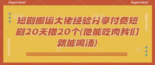 短剧搬运大佬经验分享付费短剧20天撸20个(他能吃肉我们就能喝汤)-靠谱项目库