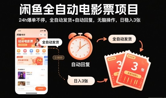 闲鱼全自动电影票项目，24h爆单不停，全自动发货+自动回复，无脑操作，日稳入3张【揭秘】-靠谱项目库