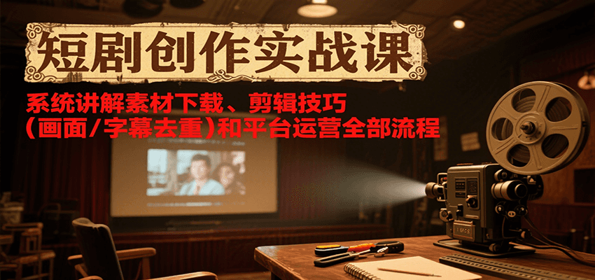 短剧创作实战课，系统讲解素材下载、剪辑技巧（画面/字幕去重）和平台运营全部流程-靠谱项目库