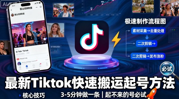 最新Tiktok快速搬运快速起号方法，3-5分钟做一条，起不来的号可以试试-靠谱项目库