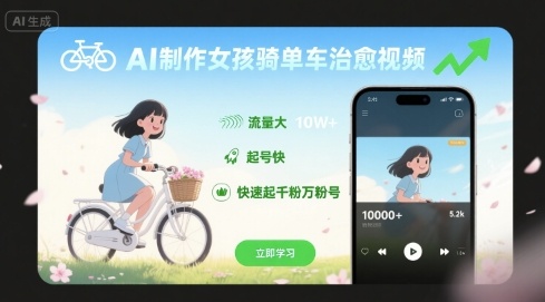 AI制作女孩骑单车治愈视频，流量大，起号快，快速起千粉万粉号-靠谱项目库