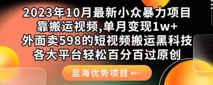 2023年10月最新小众暴力项目，靠搬运视频,单月变现1w+，外面卖598的短视频搬运黑科技，各大平台轻松百分百过原创-靠谱项目库