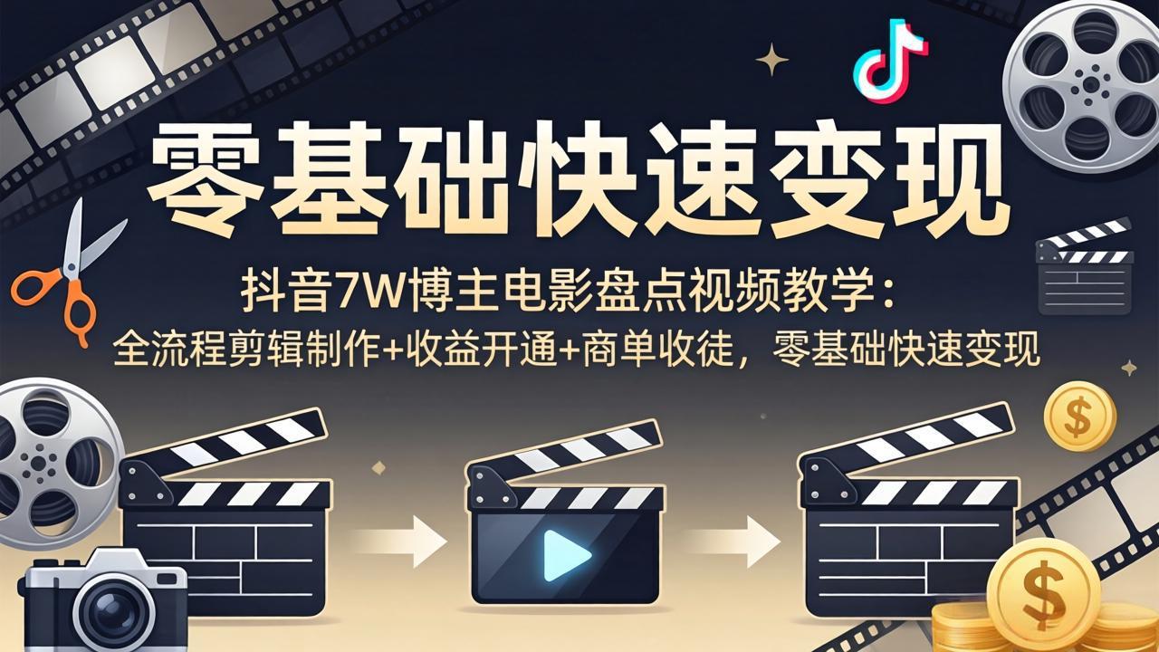 （18032期）抖音7W博主电影盘点视频教学：全流程剪辑制作+收益开通+商单收徒，零基础快速变现-靠谱项目库