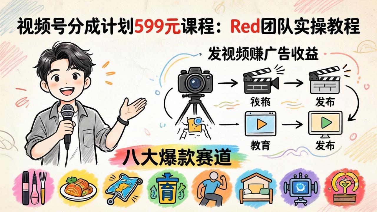 （18088期）视频号分成计划599元课程：Red团队实操教程，发视频赚广告收益，八大爆款赛道全掌握-靠谱项目库