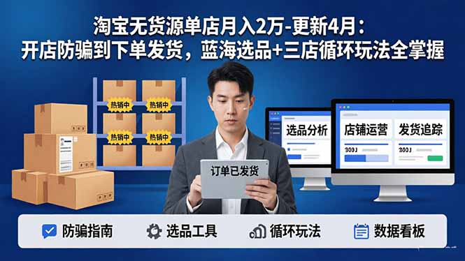 （18188期）淘宝无货源5.0单店月入2万-更新4月：开店防骗到下单发货，蓝海选品+三店循环玩法全掌握-靠谱项目库