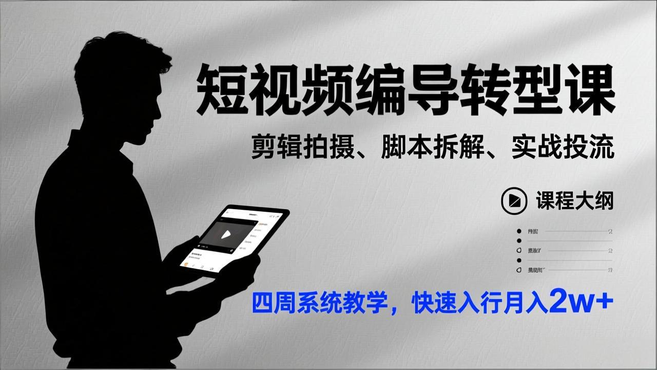 （17062期）短视频编导转型课，剪辑拍摄、脚本拆解、实战投流，四周系统教学，快速入行月入2w+-靠谱项目库