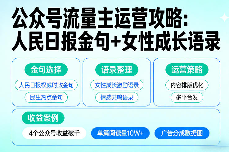 利用人民日报金句+女性成长语录做公众号流量主，4个公众号收益破千-靠谱项目库