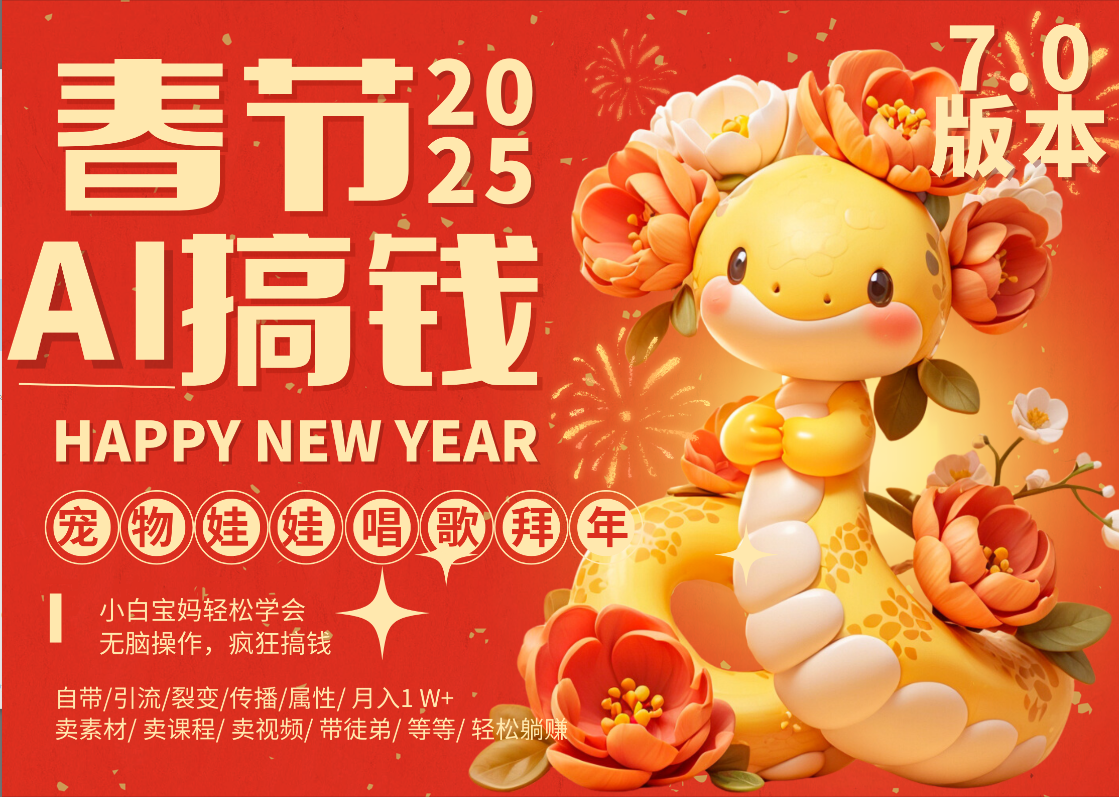 AI春节搞钱7.0升级版 蝴蝶号超火爆萌宠唱歌拜年  AI一键制作 批量出内容   春节做轻松躺赚 每日轻松十分钟  月赚米1W+  抓紧冲！可做视频 可卖素材只带小白和宝妈！-靠谱项目库