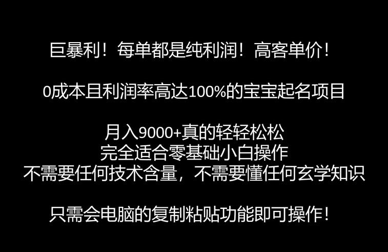 巨暴利，月入9000+的宝宝起名项目，每单都是纯利润，零基础都能躺赚【附软件+视频教程】-靠谱项目库