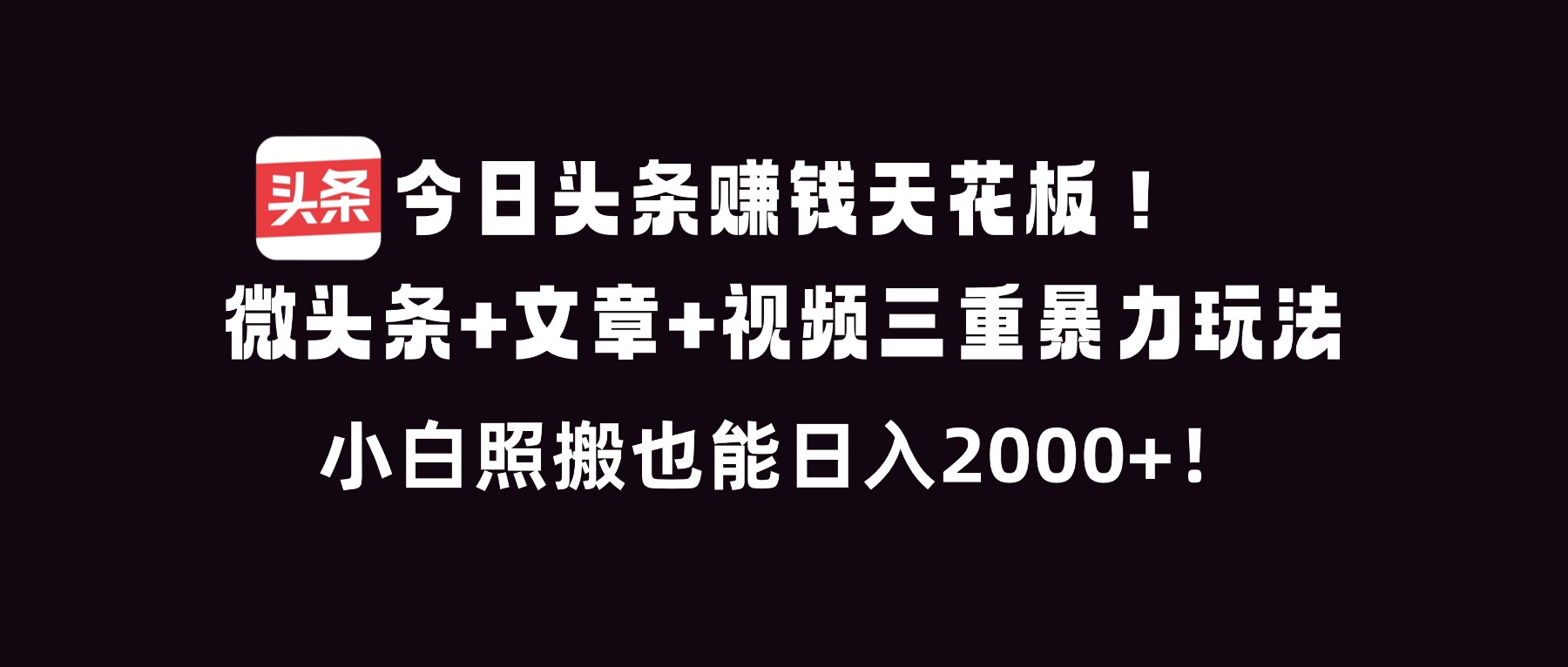 （16888期）今日头条赚钱天花板！微头条+文章+视频三重暴利玩法，小白照搬也能日人2000+-靠谱项目库