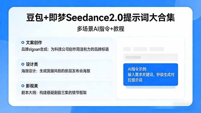 （17935期）豆包+即梦Seedance2.0提示词大合集：多场景AI指令+教程，解锁文案、设计、影视高效创作-靠谱项目库