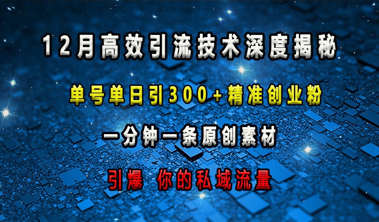 12月高效引流技术深度揭秘 ，单号单日引300+精准创业粉，一分钟一条原创素材，引爆你的私域流量-靠谱项目库
