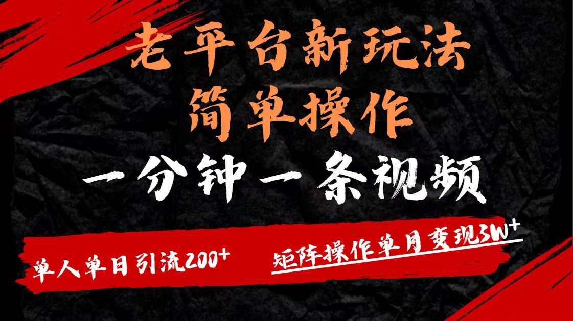 老平台，新玩法，简单操作，一分钟一条视频，单人单人引流200+矩阵操作，单月变现3W-靠谱项目库