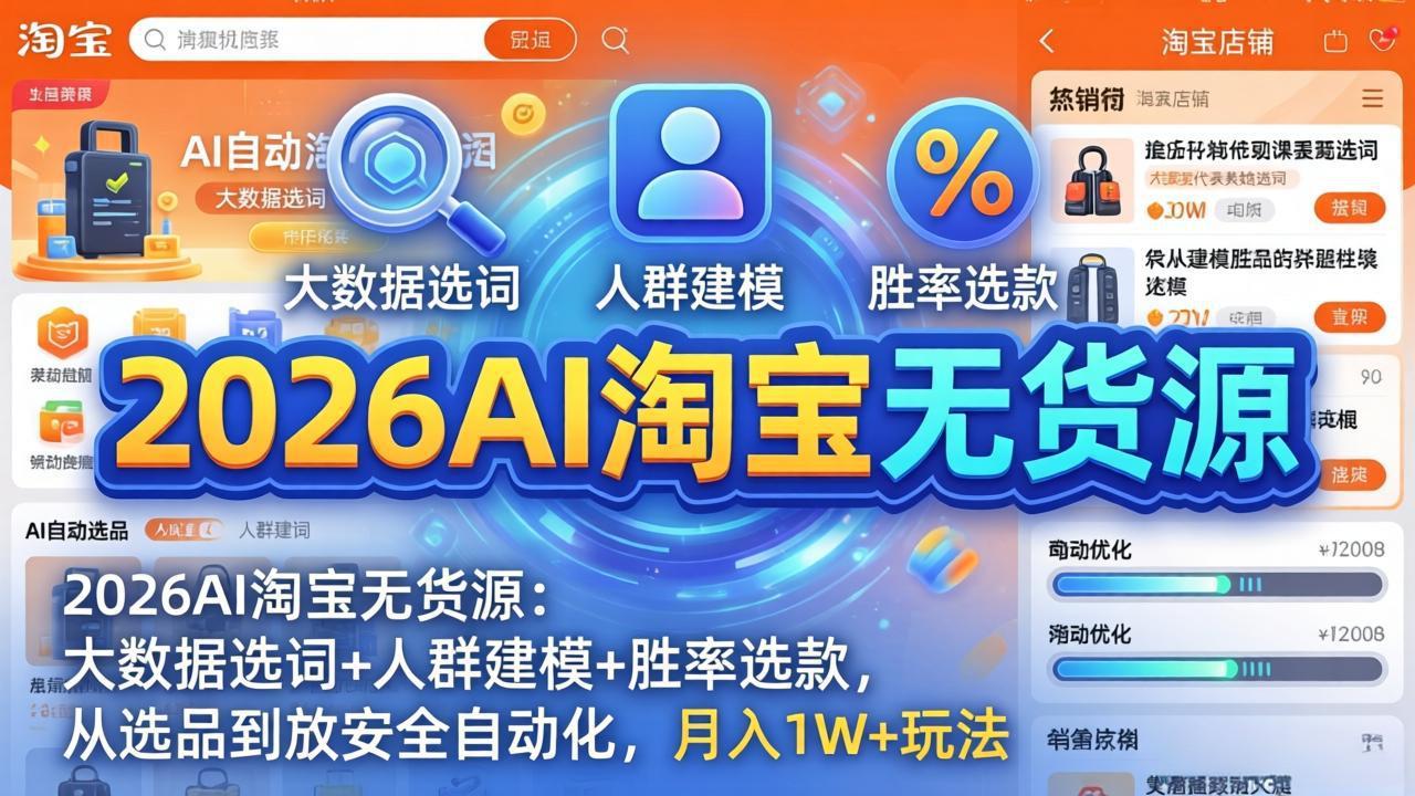（18110期）2026AI淘宝无货源-4月19更新：大数据选词+人群建模+胜率选款，从选品到放大全自动化，月入1W+-靠谱项目库