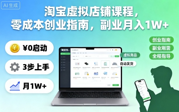 淘宝虚拟店铺课程，零成本创业指南，副业月入1W+-靠谱项目库