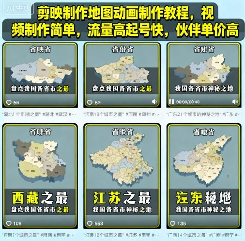 剪映制作地图动画制作教程，视频制作简单，流量高起号快，伙伴单价高-靠谱项目库