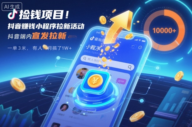 捡钱项目！抖音賺钱小程序拉新活动，抖音端内宣发拉新，一单3米，有人半个月搞了1W+-靠谱项目库
