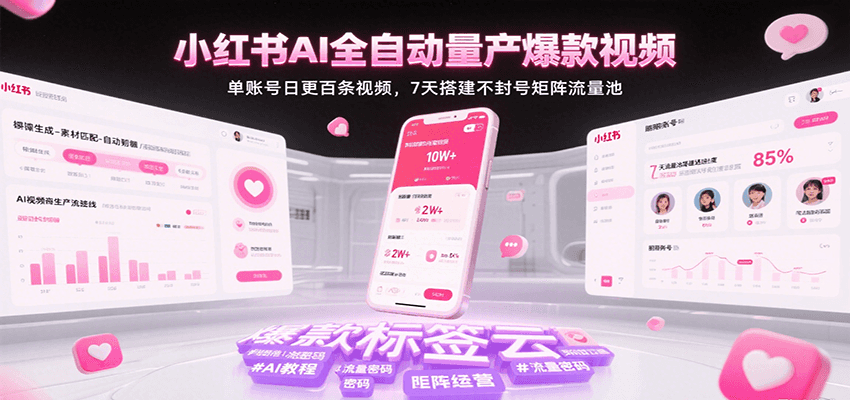 小红书AI全自动量产爆款视频，单账号日更百条视频，7天搭建不封号矩阵流量池-靠谱项目库