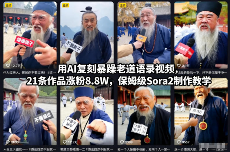 用AI复刻暴躁老道语录视频，21条作品涨粉8.8W，保姆级Sora2制作教学-靠谱项目库