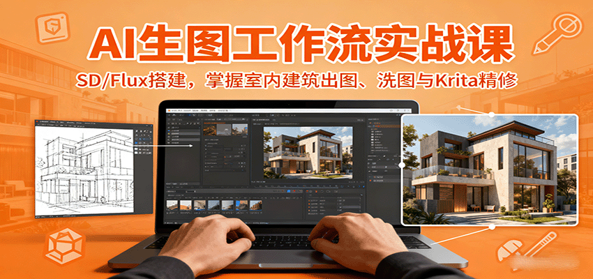 AI生图工作流实战课：SD/Flux搭建，掌握室内建筑出图、洗图与Krita精修-靠谱项目库