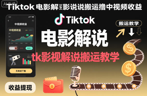 Tiktok电影解说搬运撸中视频收益，tk影视解说搬运教学-靠谱项目库