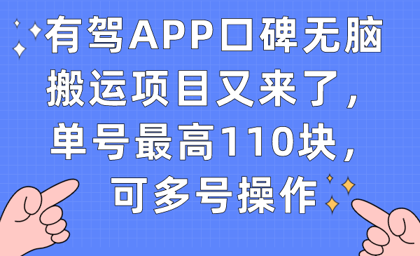 有驾APP口碑无脑搬运项目又来了，单号最高110块，可多号操作-靠谱项目库