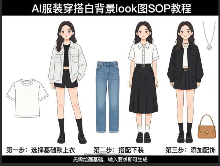 AI服装穿搭白背景look图SOP教程，不用会画画，提几句具体要求，AI就能还你一个奇迹-靠谱项目库