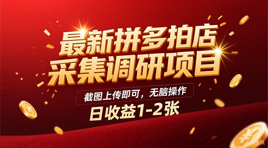 最新拼多多拍店采集调研项目，截图上传即可，无脑操作，日收益1-2张-靠谱项目库