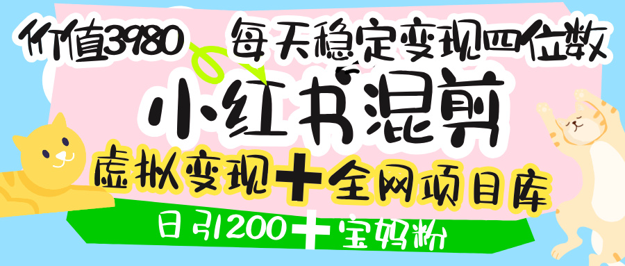 价值3980的小红书混剪， 虚拟变现 ＋全网项目库 ， 日引200+宝妈创业粉，每天稳定四位数变现-靠谱项目库