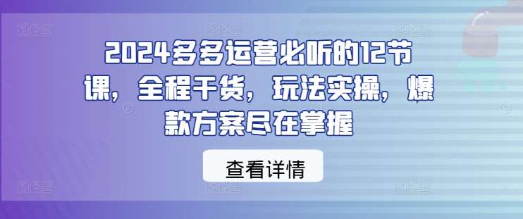 2024多多运营必听的12节课，全程干货，玩法实操，爆款方案尽在掌握-靠谱项目库