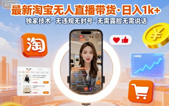最新淘宝无人直播带货，日入1k+，独家技术，无违规无封号，无需露脸无需说话【揭秘】-靠谱项目库