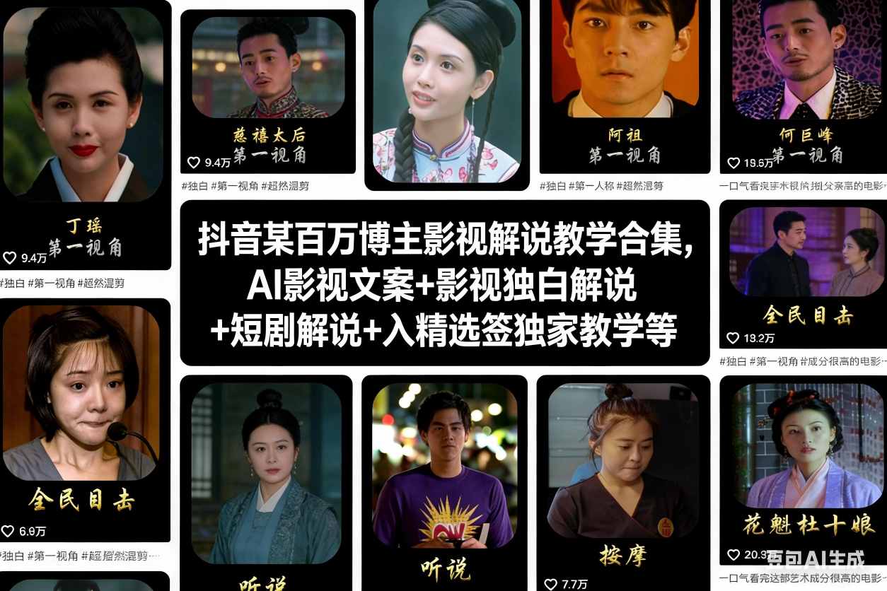 抖音某百万博主影视解说教学合集，AI影视文案+影视独白解说+短剧解说+入精选签独家教学等-靠谱项目库