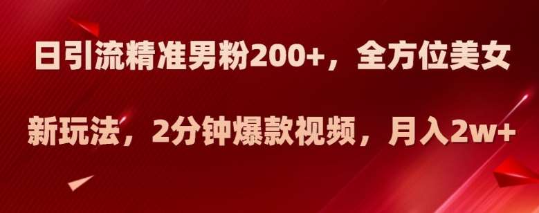 日引流精准男粉200+，全方位美女新玩法，2分钟爆款视频，月入2w+【揭秘】-靠谱项目库
