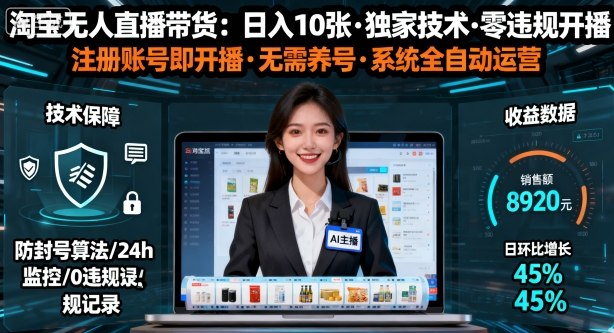 【最新】淘宝无人直播带货，日入10张，独家技术，无违规无封号，注册账号直接开播，不用养号【揭秘】-靠谱项目库