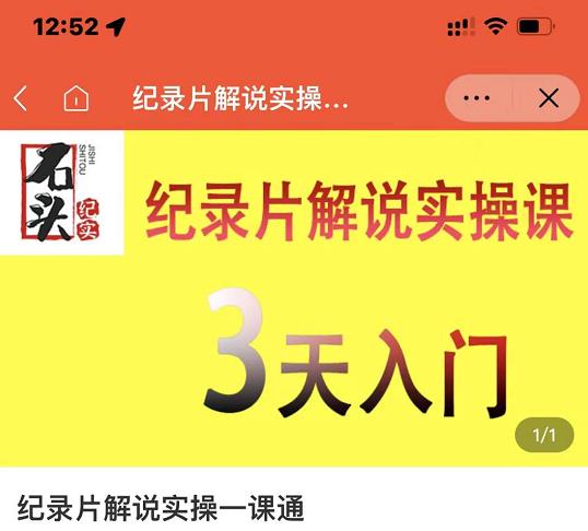 石头纪实·纪录片解说实操课，3天入门，快速掌握纪录片解说视频制作-靠谱项目库