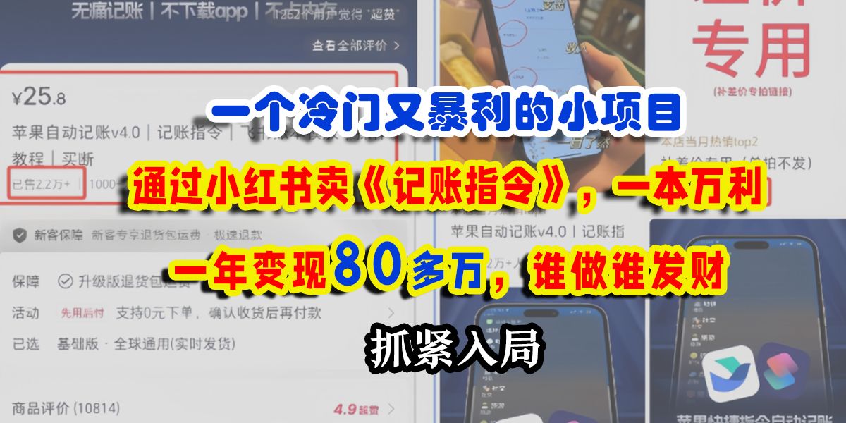 一个冷门又暴利的小项目，通过小红书卖《记账指令》，一本万利，一年变现80多万，谁做谁发财-靠谱项目库