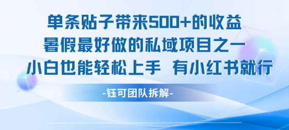 单条贴子带来5张的收益，暑假最好做的私域项目之一，小白也能轻松上手，有小红书就行-靠谱项目库