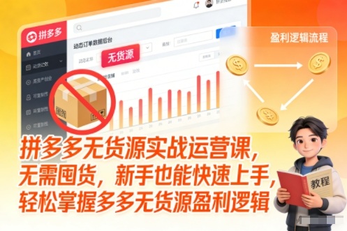 拼多多无货源实战运营课，无需囤货，新手也能快速上手，轻松掌握多多无货源盈利逻辑-靠谱项目库