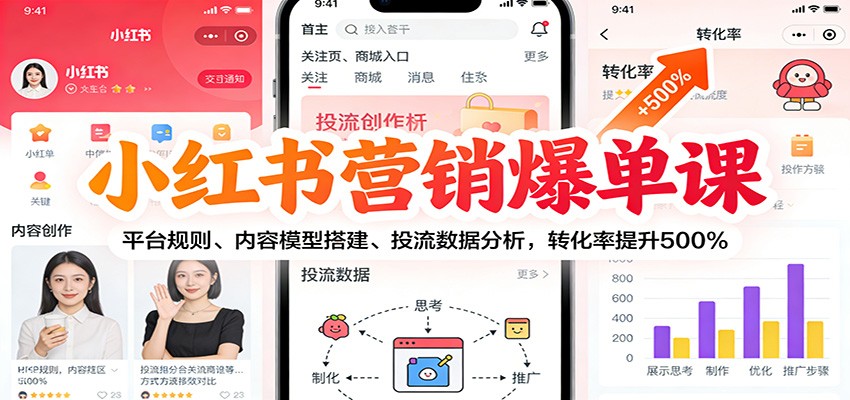 小红书营销爆单课：平台规则、内容模型搭建、投流数据分析，转化率提升500%-靠谱项目库