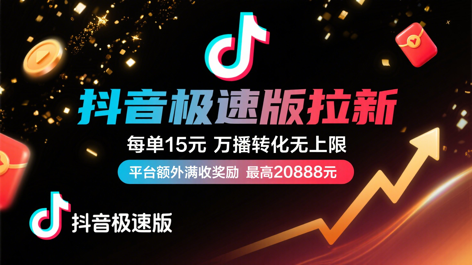 抖音极速版放福利，每单15元，万播转化无上限，平台额外满收奖励，最高可领20888元-靠谱项目库