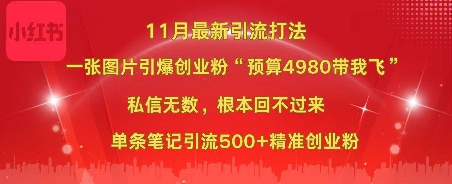 小红书11月最新图片打法，一张图片引爆创业粉“预算4980带我飞”，私信无数，根本回不过来，单条笔记引流500+精准创业粉-靠谱项目库