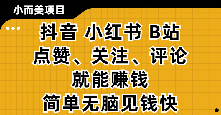 小而美的项目，抖音、小红书、B站视频点赞、关注、评论就能赚钱，简单无脑立见收益！妥妥的零撸项目-靠谱项目库