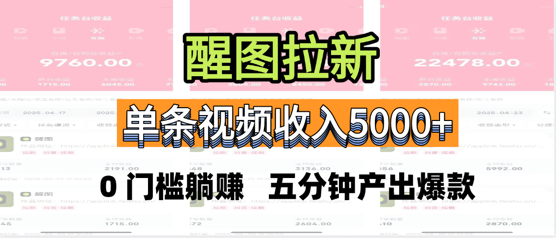 醒图拉新，0 门槛躺赚，五分钟产出爆款，单条视频收入5000+-靠谱项目库