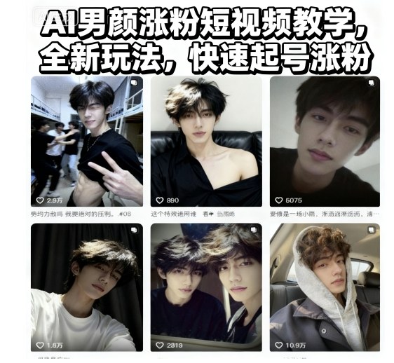AI男颜涨粉短视频教学，全新玩法，快速起号涨粉-靠谱项目库