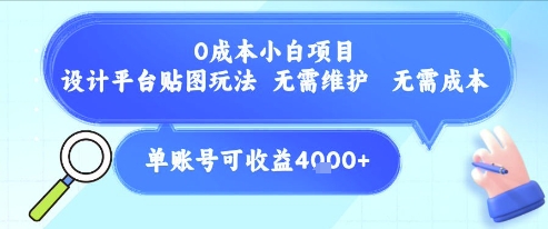 0成本小白项目，设计平台贴图玩法，无需维护，无需成本，单账号单月可产生收益4k+-靠谱项目库
