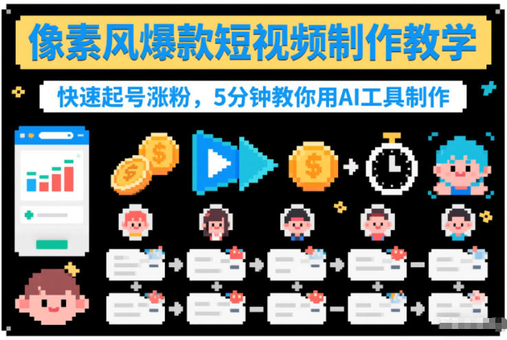 像素风爆款短视频制作教学，快速起号涨粉，5分钟教你用AI工具制作-靠谱项目库