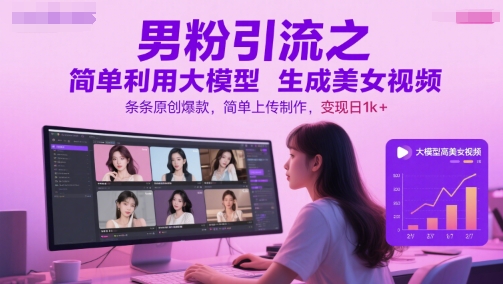 男粉引流之简单利用大模型生成美女视频，条条原创爆款，简单上传制作，变现日1k+-靠谱项目库