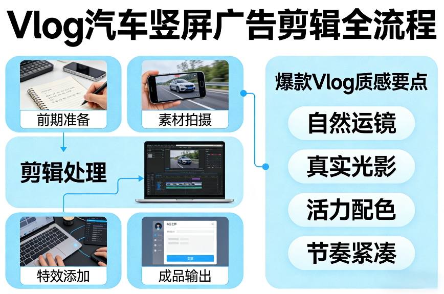 Vlog感觉汽车竖屏广告剪辑脚本全流程，拿捏爆款Vlog质感-靠谱项目库
