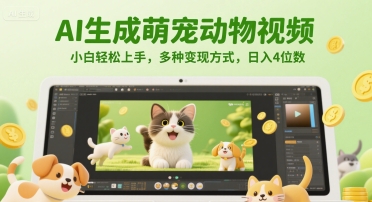 AI生成萌宠动物视频，小白轻松上手，多种变现方式，日入4位数-靠谱项目库