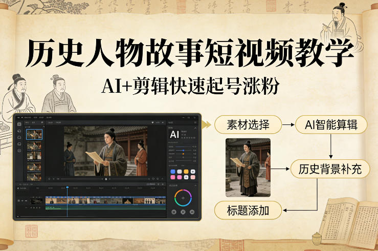 历史人物故事短视频教学，AI+剪辑制作历史人物题材短视频，快速起号涨粉-靠谱项目库